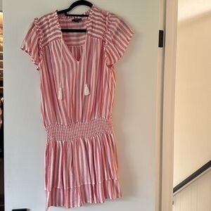 PAIGE Pink and Cream Striped Ruffle drop waist dress L